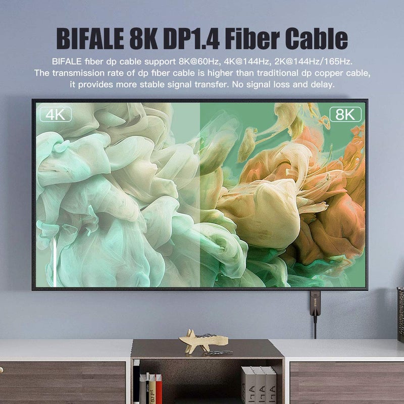 BIFALE DP Fiber Optic Cable 33ft, 8K Fiber Displayport 1.4 Cable Support HBR3, DSC 1.2, HDR10, 32.4Gbps, 8K@60Hz, 4K@144Hz, Thin and Slim Fiber DP1.4 Cable - Image 2